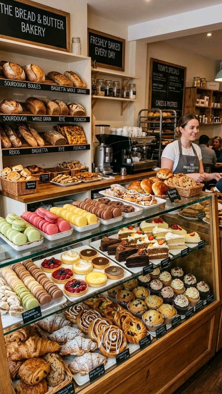 Mostrador de panadería con panes, postres y macarons